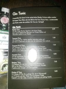 Café Neubau in Würzburg has a dedicated page on the menu for Gin & Tonic.
